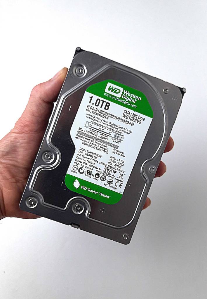 Im Test: Eine Hand hält eine 1TB-HDD mit dem Infoaufkleber nach vorn.