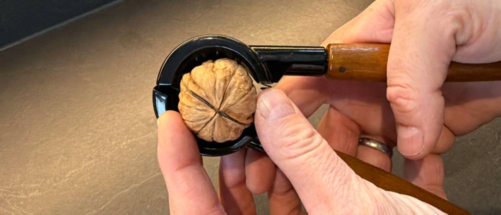 Eine Hand legt eine Walnuss in den Westmark-Nussknacker Sieger Nussprofi Deluxe