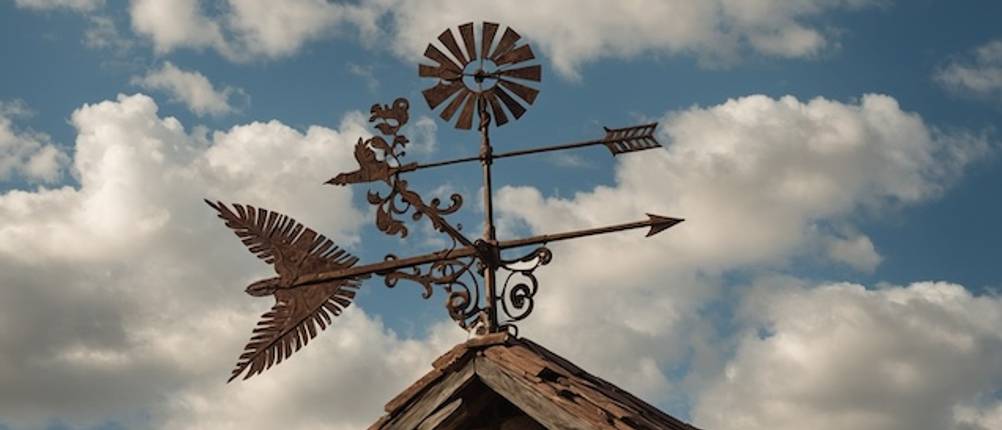 Wetterhahn mit Windrad im Test: Auf einem Hausdach steht ein aufwendig dekorierter Wetterhahn mit einem Fantasiemuster als Motiv und einem Windrad.