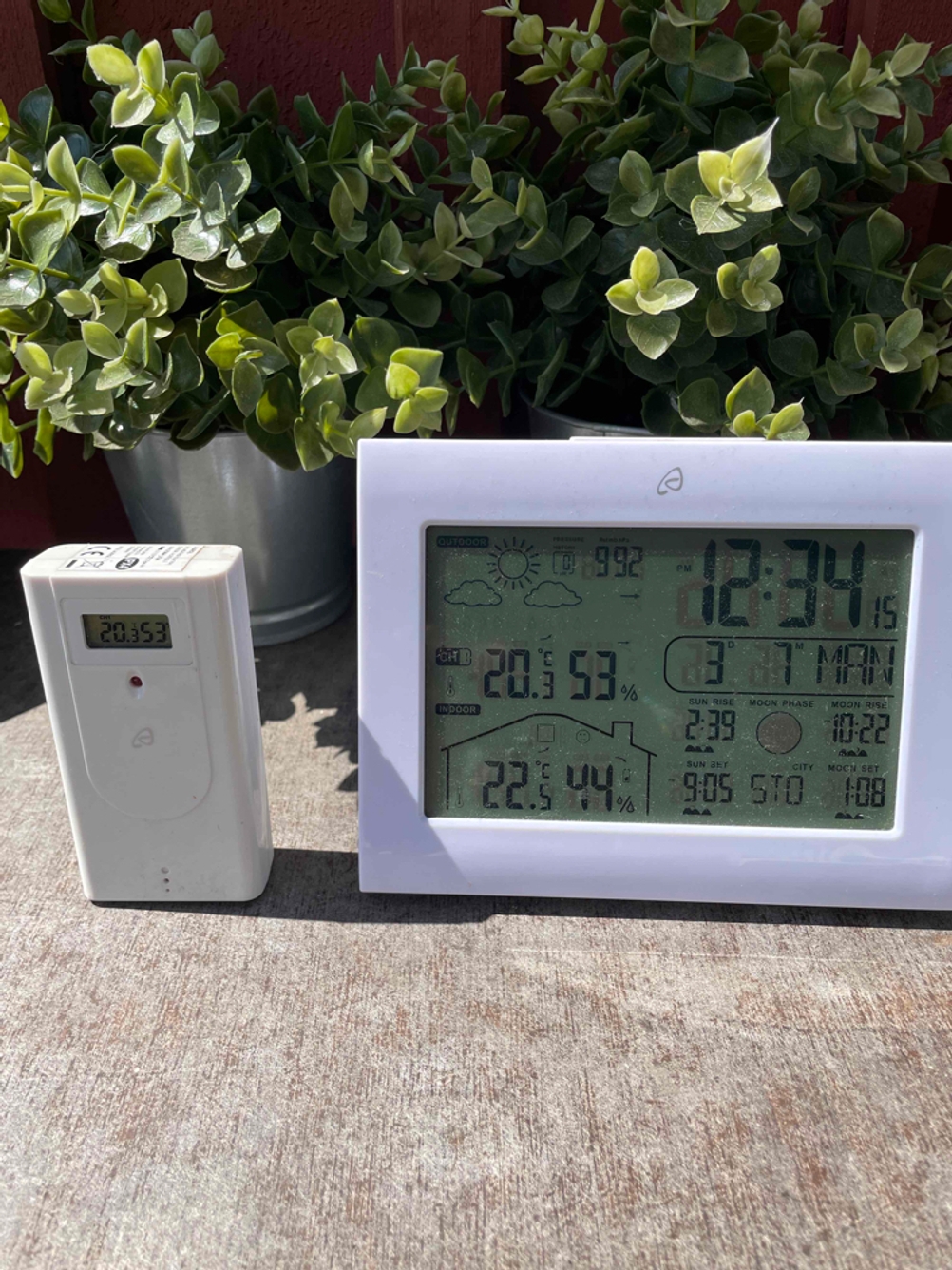 Eine getestete Wetterstation steht im Garten vor Pflanzen.