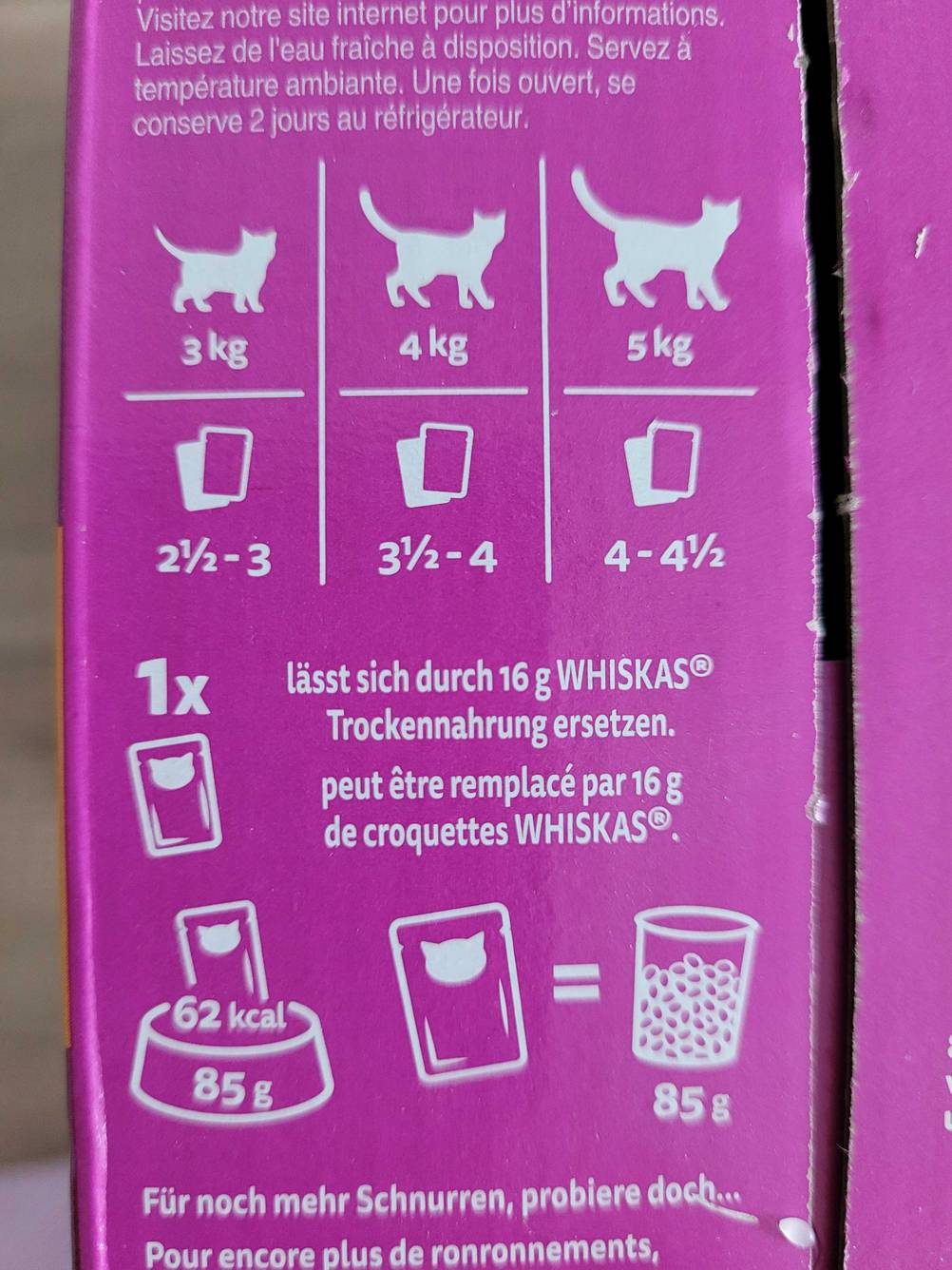 Whiskas-Katzenfutter im Test: Nahaufnahme der Infografiken auf der Rückseite der Originalverpackung.