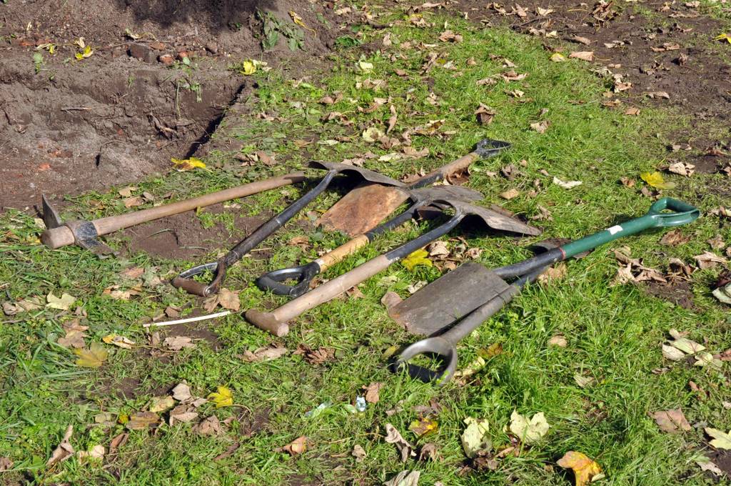 Wiedehopfhacke im Test: Eine Wiedehofhacke liegt im Gras neben einigen Schaufeln und Spaten, dainter offene Erde.
