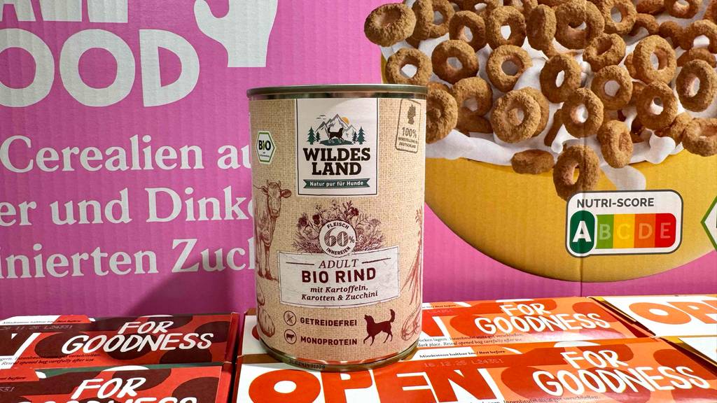 Getestetes Bio-Hundefutter in der Dose befindet sich auf einem Karton im Verkaufsregal.