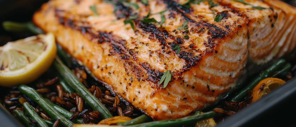 Wildreis-Test: Ein Teller mit gebratenem Lachs, Wildreis, Fisolen und Zitronen. 