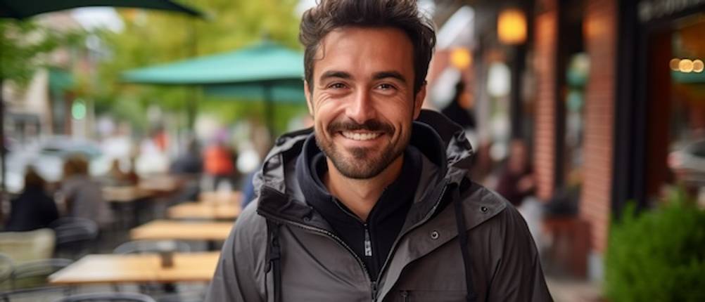 Herren-Windbreaker in Schwarz im Test: Mann trägt einen schwarzen Windbreaker in der Stadt.