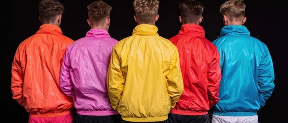 Eine Reihe junger Männer testet Windbreaker für Herren in verschiedenen knalligen Farben.