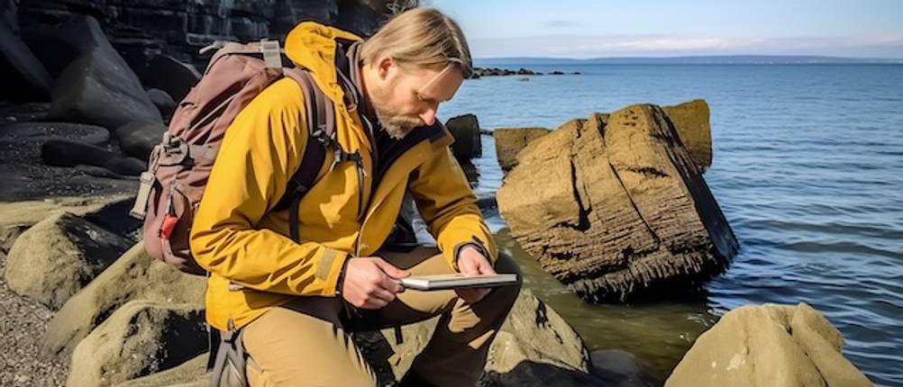 Gelber Herren-Windbreaker von einem Mann am Meer mit Rucksack und Tablet getestet.