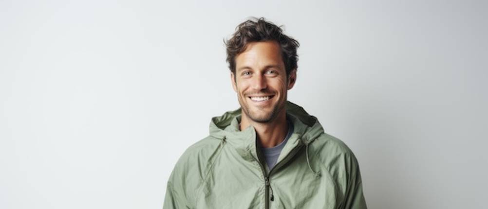 Herren-Windbreaker im Test: Ein junger Mann trägt einen olivfarbenen Windbreaker.