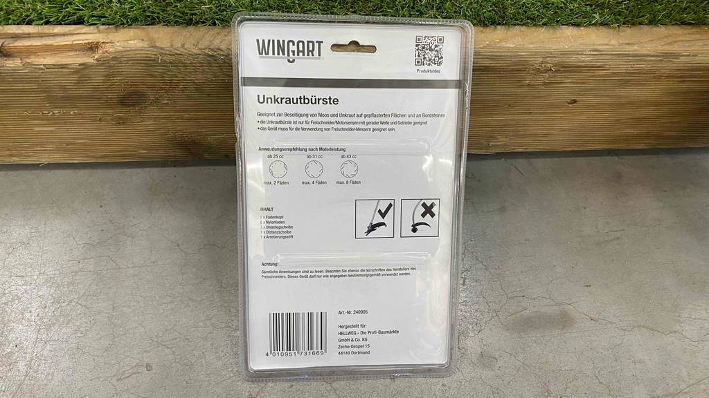 Im Test: Rückseite der Verpackung einer Wingart Unkrautbürste.