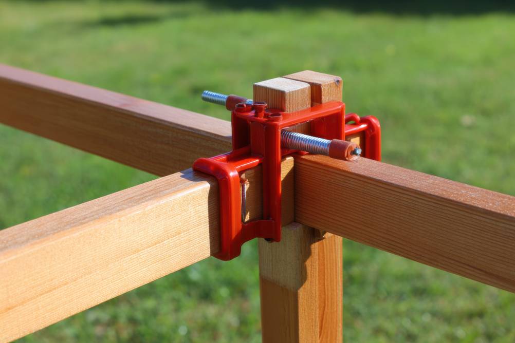 Winkelspanner im Test: Zwei Rahmen-Winkelspanner mit roter Beschichtung halten eine Verbindung aus Konstruktionsholz.
