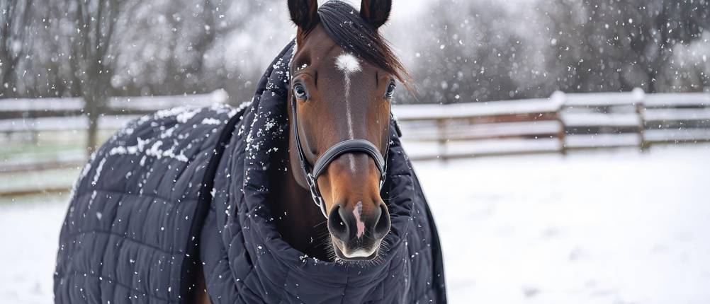 Winterdecke-Pferd-Test: Ein braunes Pferd mit dicker, blauer Winterdecke und Halsteil steht auf der Weide im Schnee.