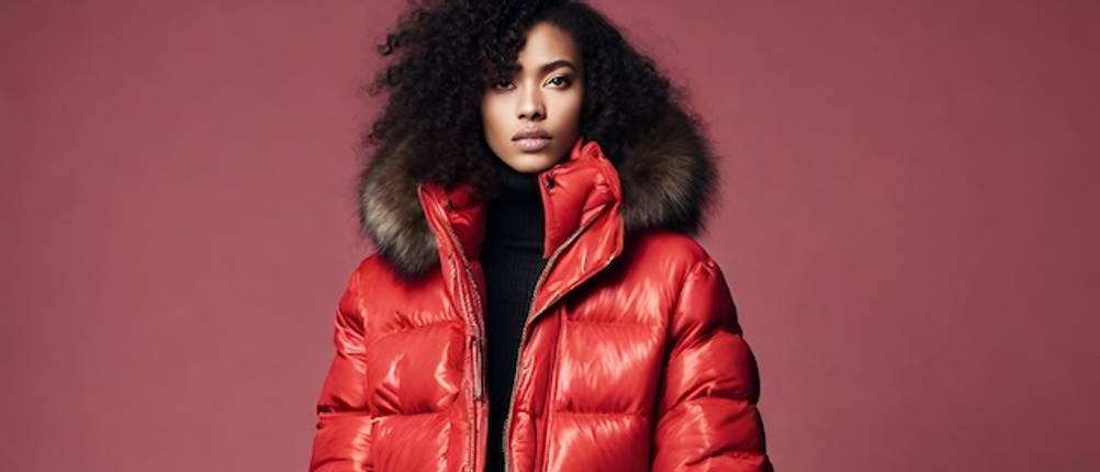 Rote Damen-Winterjacke vor einem roten Hintergrund, getragen von einem Model, im Test.