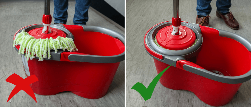 Wischmopp im Eimer, einmal mit herausschauenden Fäden und einmal korrekt ohne Fäden.