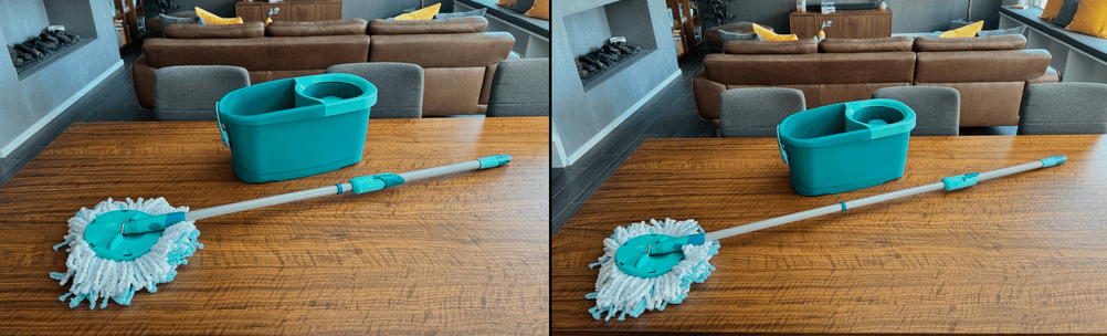 Der Leifheit 52102 steht mit Eimer und Mopp auf einem Tisch