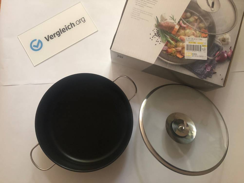 Schmorpfannen im Test: Schmorpfanne in Topfoptik von oben aufgenommen inklusive der dazugehörigen Verpackungsbox