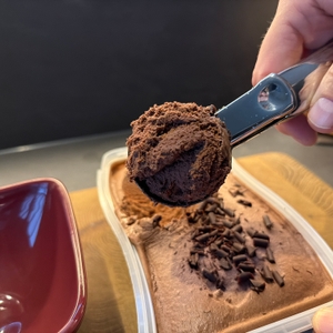 Eine Kugel Eis liegt im Wmf-Eisportionierer