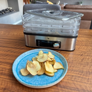 Auf einem Teller vor dem WMF Küchenminis Snack to go liegen gedörrte Apfelscheiben
