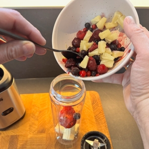 Obst wird aus einer Schüssel in den Smoothie-Maker gefüllt.
