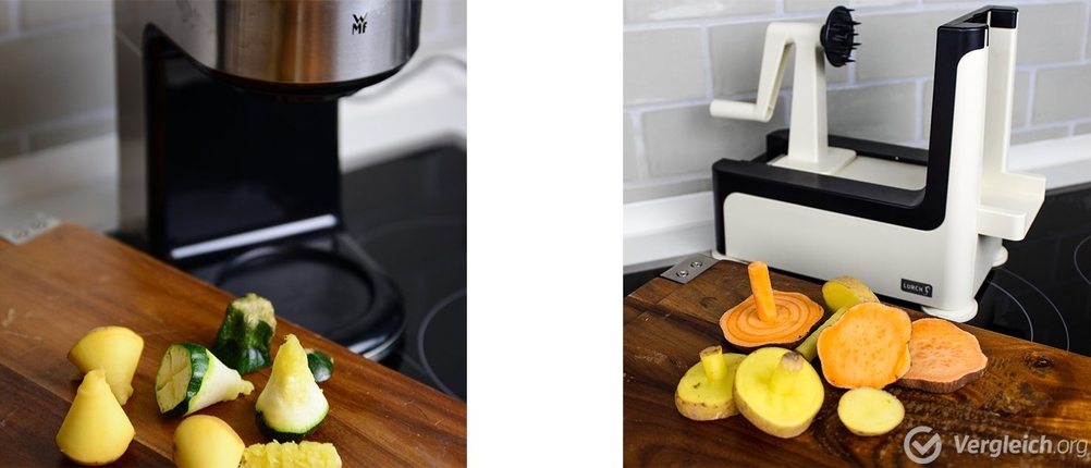 Die Gemüsereste nach dem Schneidevorgang liegen vor zwei Spiralschneidern.