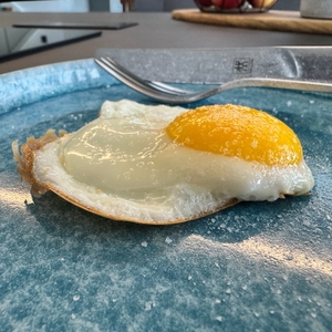 Fertiges Ei auf einem Teller mit einer Gabel und Salz