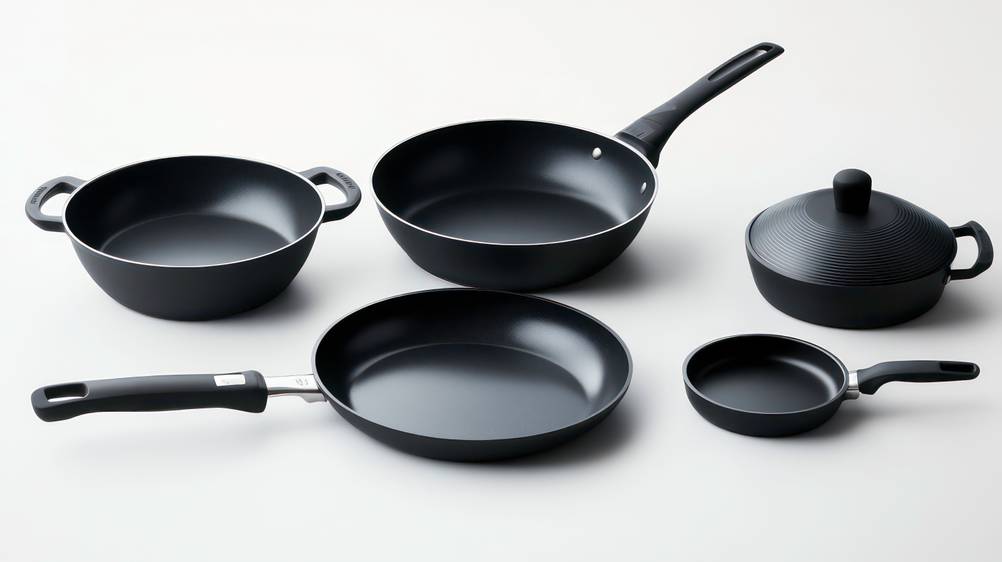 WMF-Pfannenset im Test: Ein Set aus fünf schwarzen Kochgeschirren auf weißem Hintergrund, darunter eine große Pfanne, eine mittlere Pfanne, eine kleine Pfanne, ein Kochtopf mit Deckel.