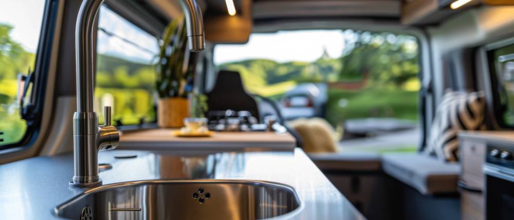 Moderner Wohnmobil-Innenraum mit Küchenzeile und Essbereich in einem naturnahen Umfeld