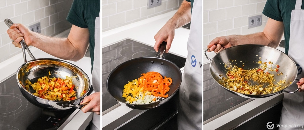 Drei verschiedene Ansichten, wie eine Person eine Wokpfanne halten kann.