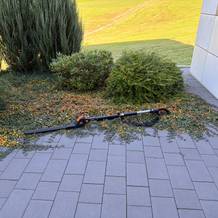 Die Worx WG252E.9 liegt auf gepflastertem Boden.