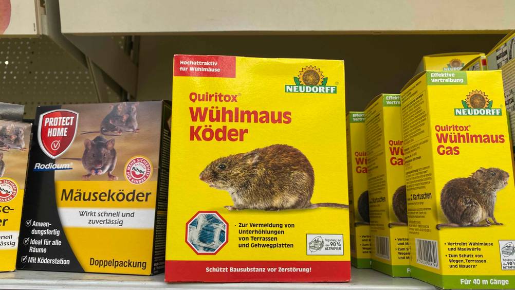 In einem Geschäftsregal befinden sich mehrere verpackte Wühlmausköder.