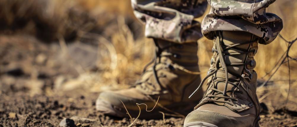 Wüstenstiefel-Test: Beine in Militärkleidung und Wüstenstiefeln
