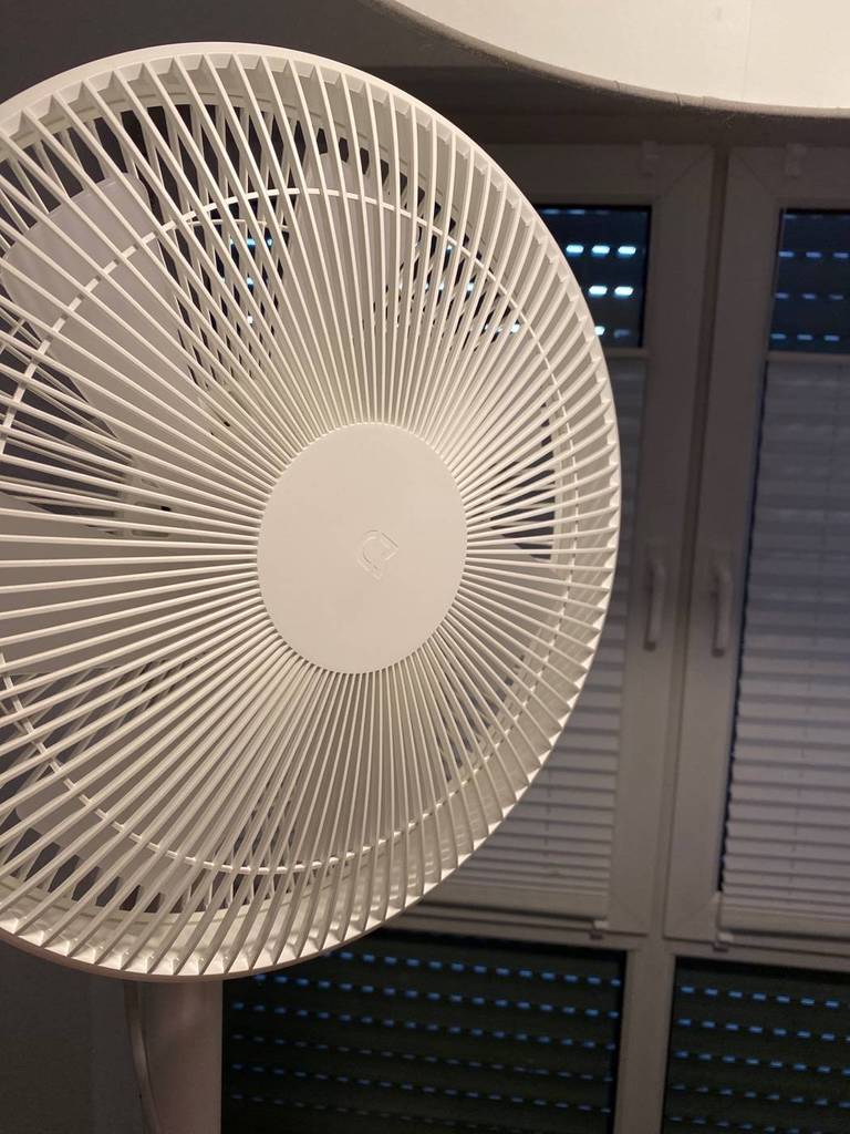 Ventilator-Test: Nahaufnahme vom Abdeckschutz des Rotorblatts eines Standventilators.