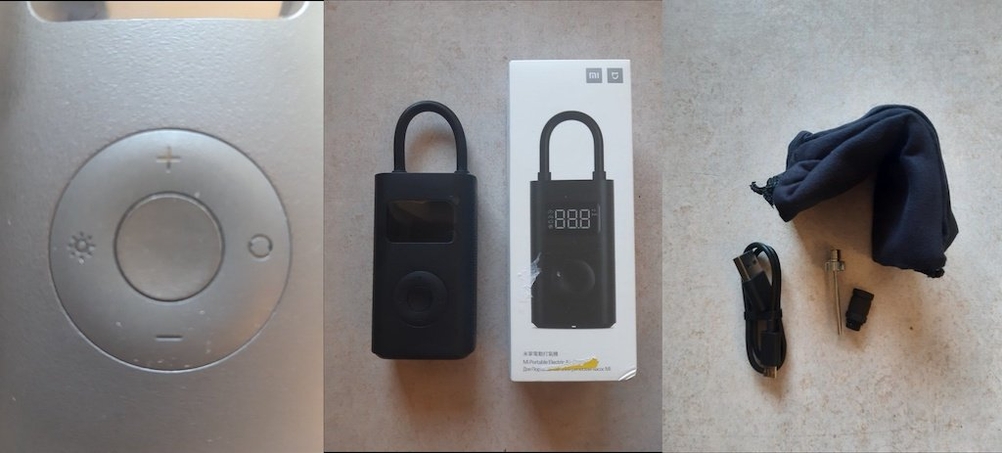 Zubehör und Bedienungsknöpfe einer Akku-Luftpumpe von Xiaomi.