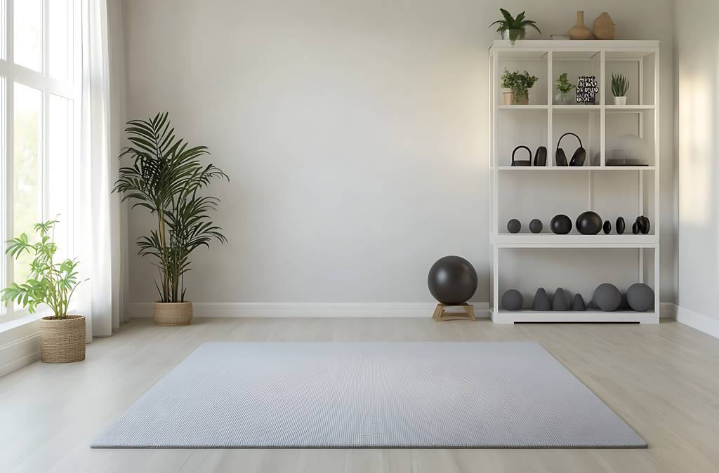 XL-Yogamatte-Test: In einem hellen Raum liegt eine XL-Yogamatte am Boden. Auf einem Regal befinden sich viele verschiedene Gewichte. 