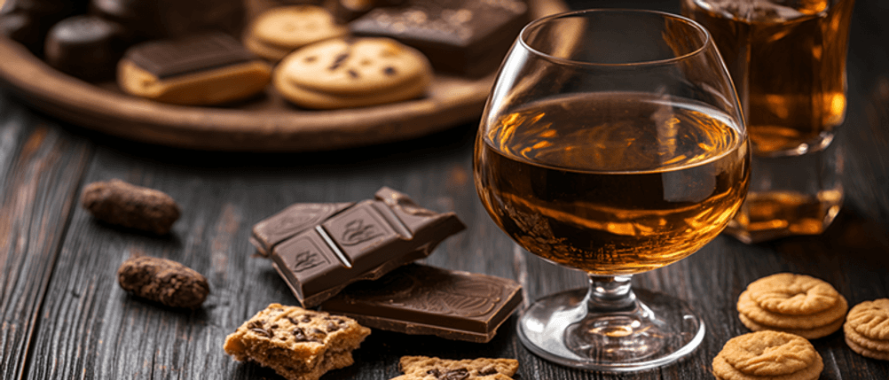 XO-Cognac im Test: Ein gefülltes Cognac-Glas, drapiert mit Keksen und Schokolade