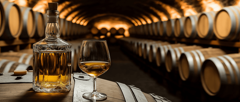 XO-Cognac-Test: Cognac in einer Flasche und einem Glas, mitten in einem Lagerraum mit Fässern.