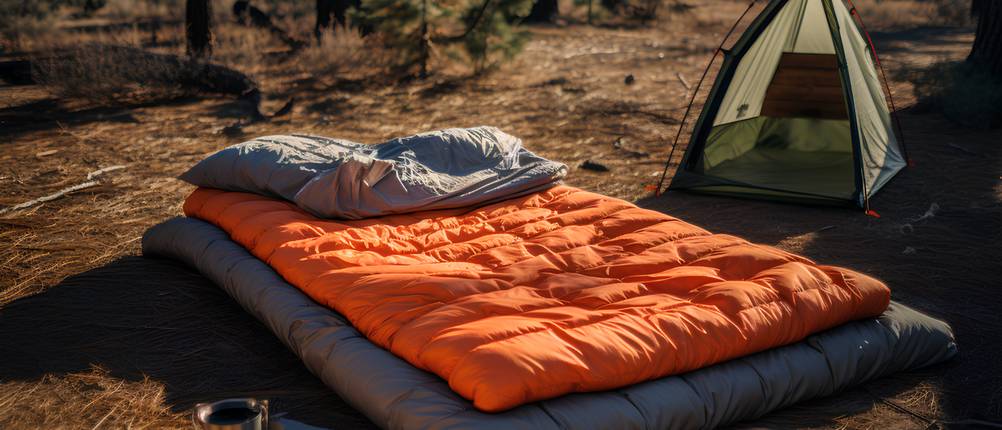 XXL-Schlafsack-Test: Ein großer Schlafsack liegt im Freien auf einer Luftmatratze.