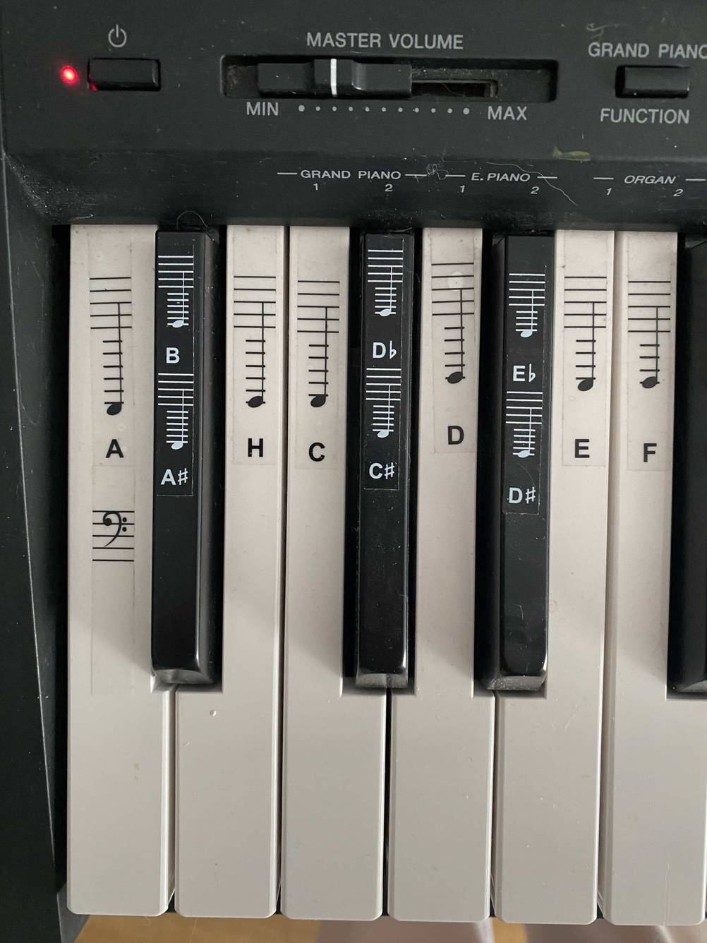 Yamaha-Keyboard im Test: Nahaufnahme der Aufkleber auf den Tasten.