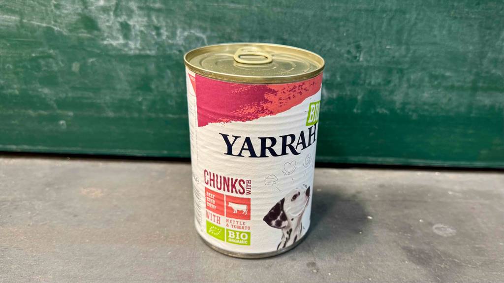 Eine 405-g-Dose mit Bio-Nassfutter für Hunde im Test steht vor einem grünen Hintergrund.