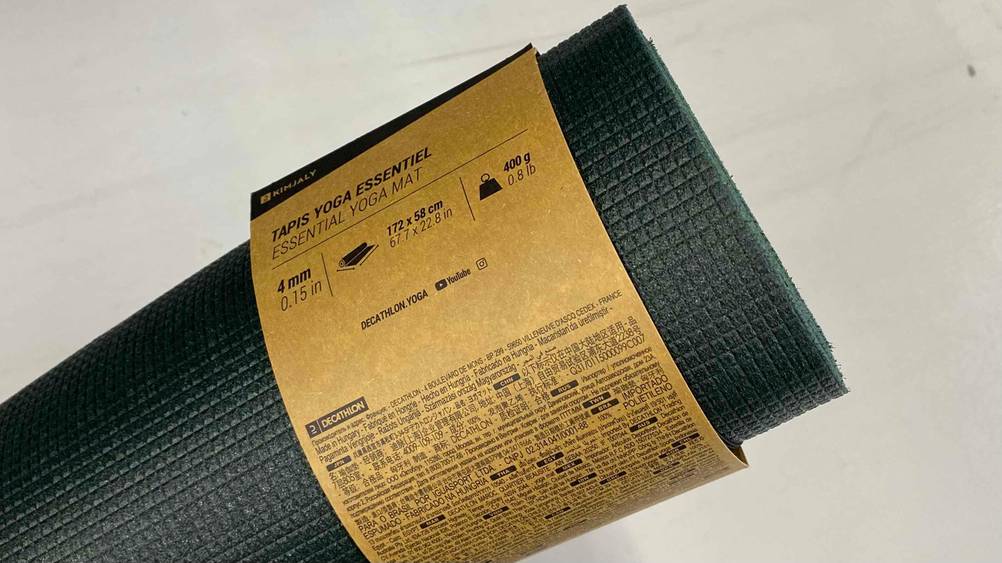 Yogamatte getestet: Nahaufnahme des Labels mit Informationen.