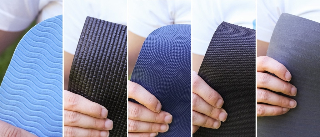 Drei Nahaufnahmen der Struktur von Yogamatten.