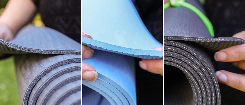 Drei verschiedene Dicken von Yogamatten in Nahaufnahme