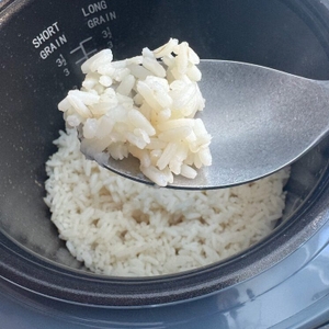 Auf einem Löffel liegt Reis aus dem Yum Asia Panda