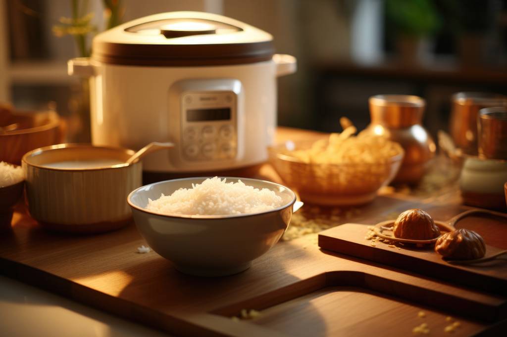 Yum-Asia-Reiskocher-Test: Ein heller Reiskocher, eine Schale mit gekochtem Reis und diverses anderes Kochzubehör stehen auf einem Holztisch. 