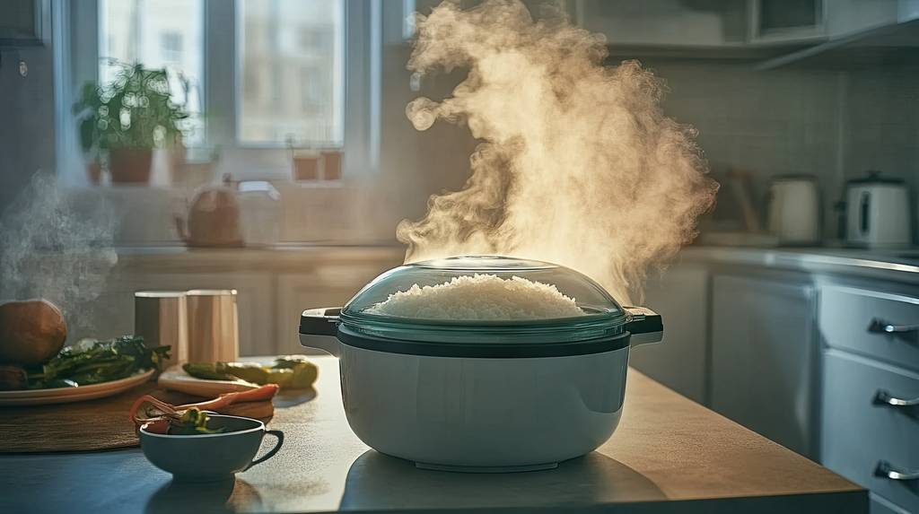 Yum-Asia-Reiskocher-Test: Ein Reiskocher enthält gekochten Reis und steht auf einer Küchenfläche. 