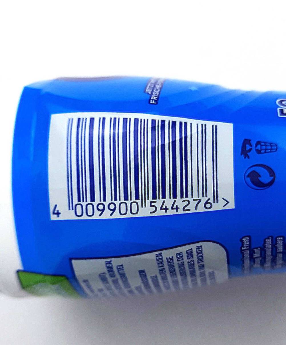 Getestet: Der Strichcode auf der Verpackung der Zahnpflegekaugummis.