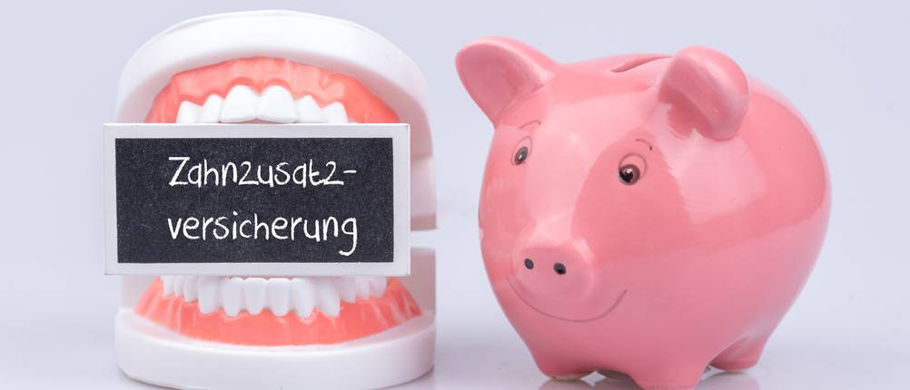 Zahnzusatzversicherung-Test: Ein Sparschwein und ein Gebiss mit einem Schild mit der Aufschrift 