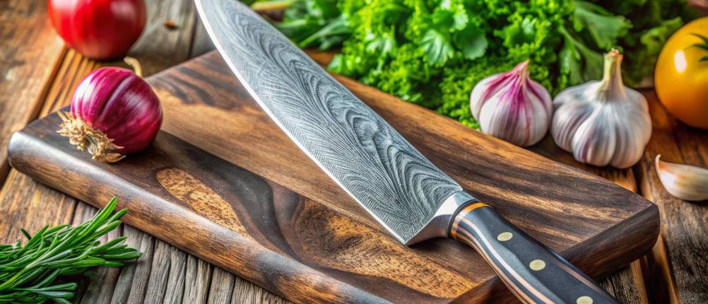 Zayiko-Messer im Test: Damastmesser auf Holzbrett mit Gemüse, Zwiebeln, Knoblauch und Kräutern rundherum.