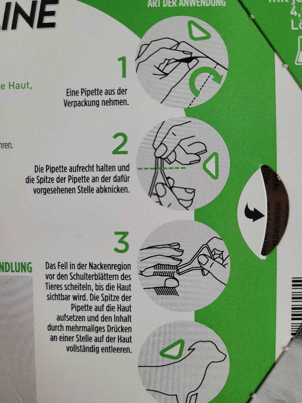 Zeckenschutz Hund getestet: Nahaufnahme der Rückseite der Verpackung mit Inforgrafiken zur Anwendung.