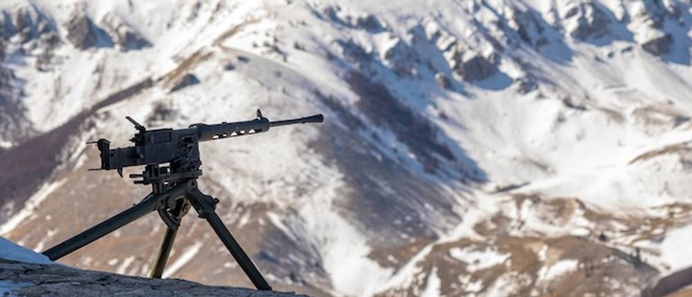 Zielstock-Dreibein im Test: Ein Zielstock-Dreibein mit einem Gewehr steht vor einer schneebedeckten Gebirgslandschaft.