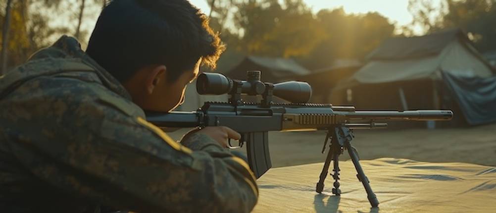 Zielstock-Drebein von einem jungen Soldaten mit einem Gewehr getestet.